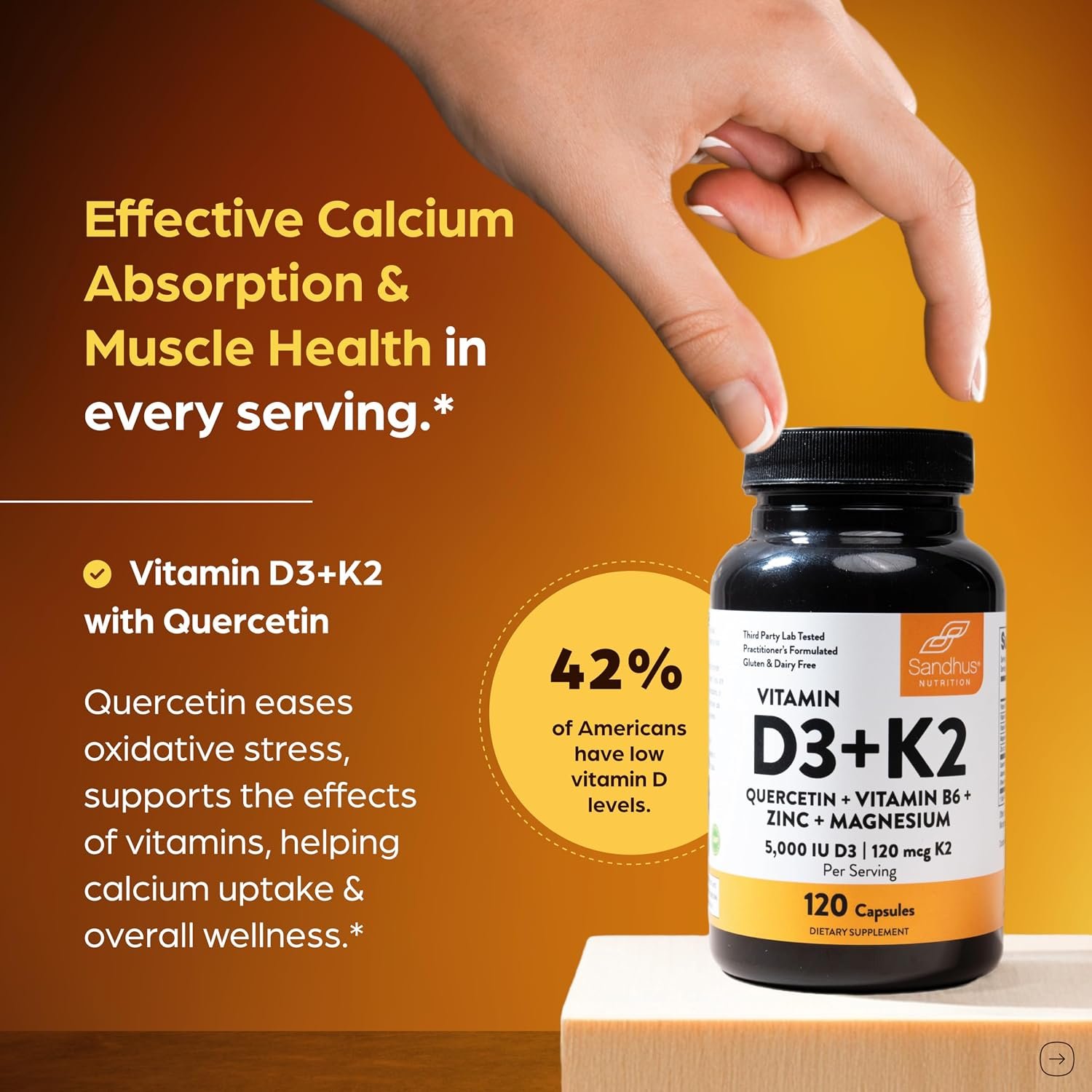 Sandhu's Vitamin D3 K2 Magnesium 5000 IU, 120mcg K2 Capsules 120 Count (Pack of 2) | with VIT B6, Zinc & Quercetin | D3K2 Supports Superior Absorption, Energy, Immune, Muscle Health for Men & Women - Image 2