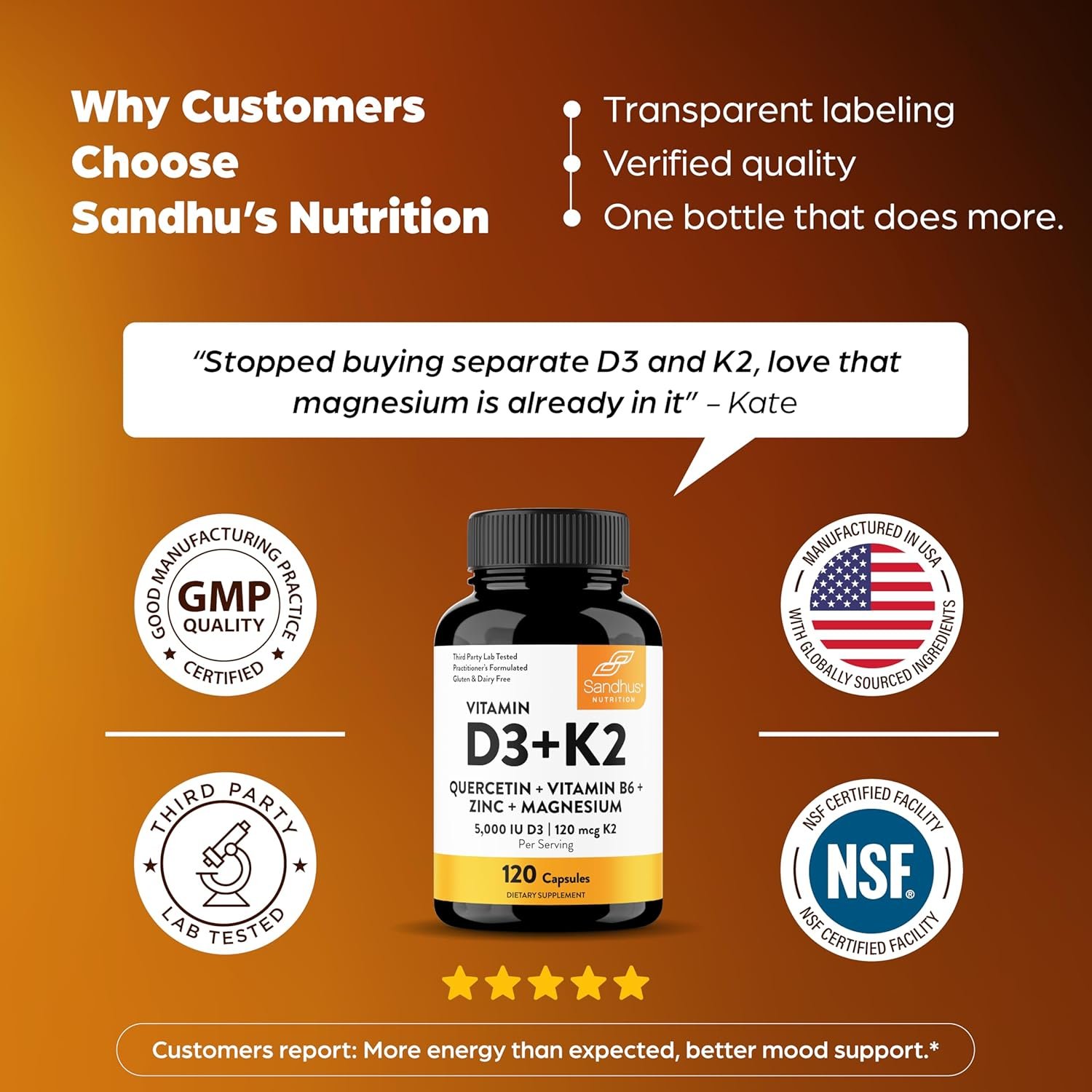 Sandhu's Vitamin D3 K2 Magnesium 5000 IU, 120mcg K2 Capsules 120 Count (Pack of 2) | with VIT B6, Zinc & Quercetin | D3K2 Supports Superior Absorption, Energy, Immune, Muscle Health for Men & Women - Image 8