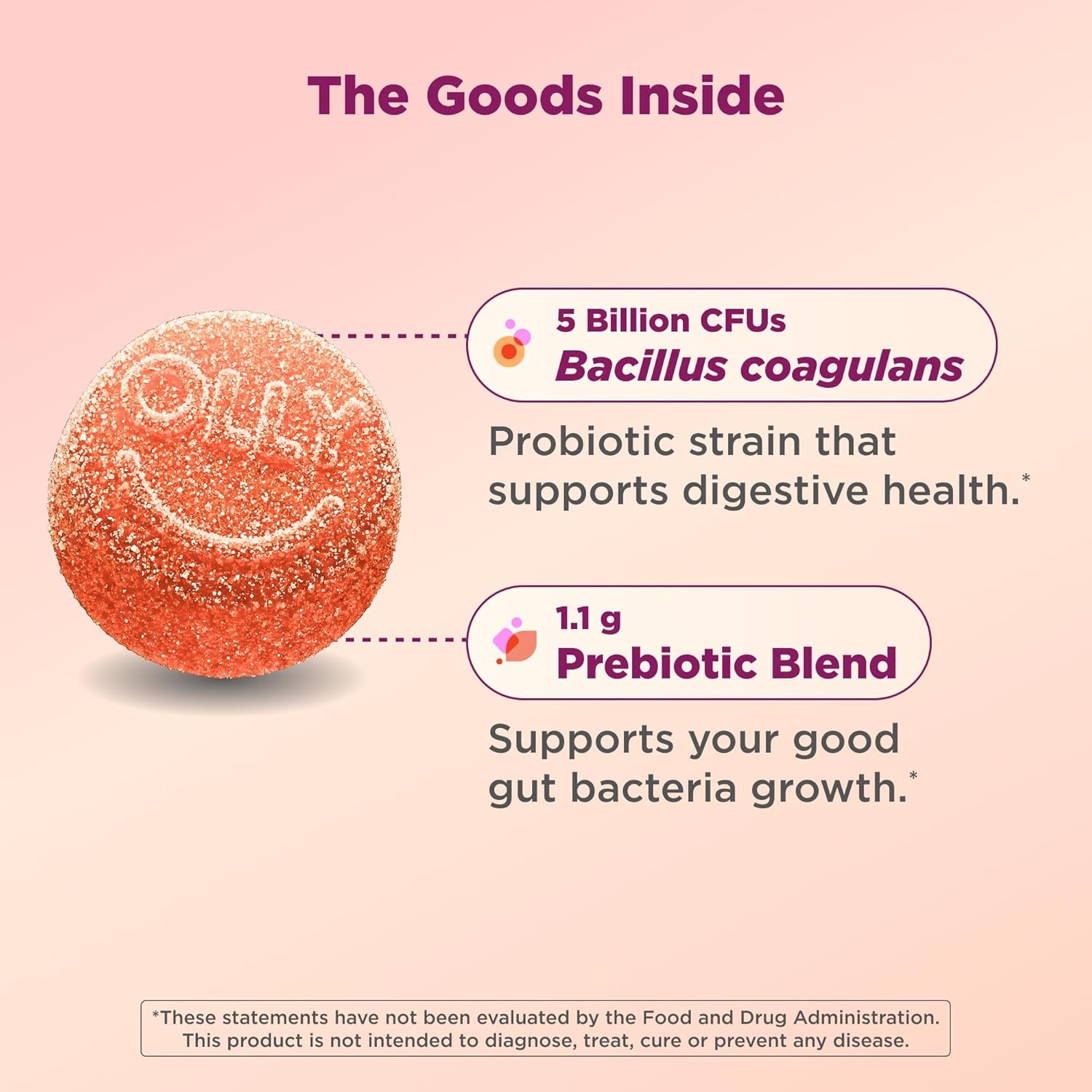 OLLY Probiotic + Prebiotic Gummy, Digestive Support and Gut Health, 500 Million CFUs, Fiber, Adult Chewable Supplement for Men and Women, Peach, 60 Day Supply - 60 Count - Image 5