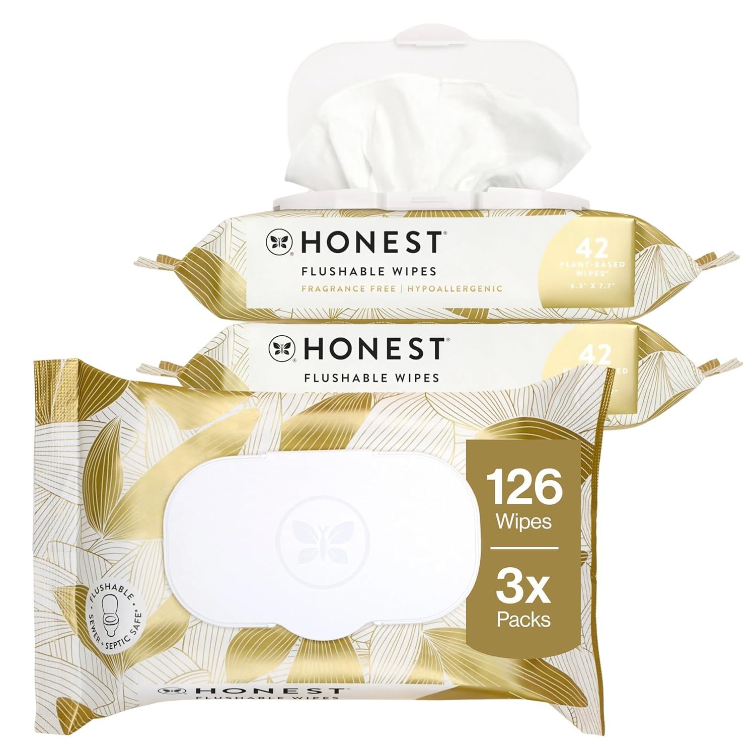 The Honest Company Flushable Wipes for Sensitive Skin, Hypoallergenic, Fragrance-Free, Gilded Wings Design, 126 Count