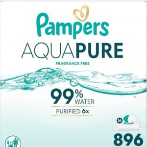 Pampers Aqua Pure Baby Wipes, 99% Water, Fragrance Free, Unscented, Water Based, Multi-Use, 896 Wipes Total (16X Flip-Top Packs) [Packaging May Vary]