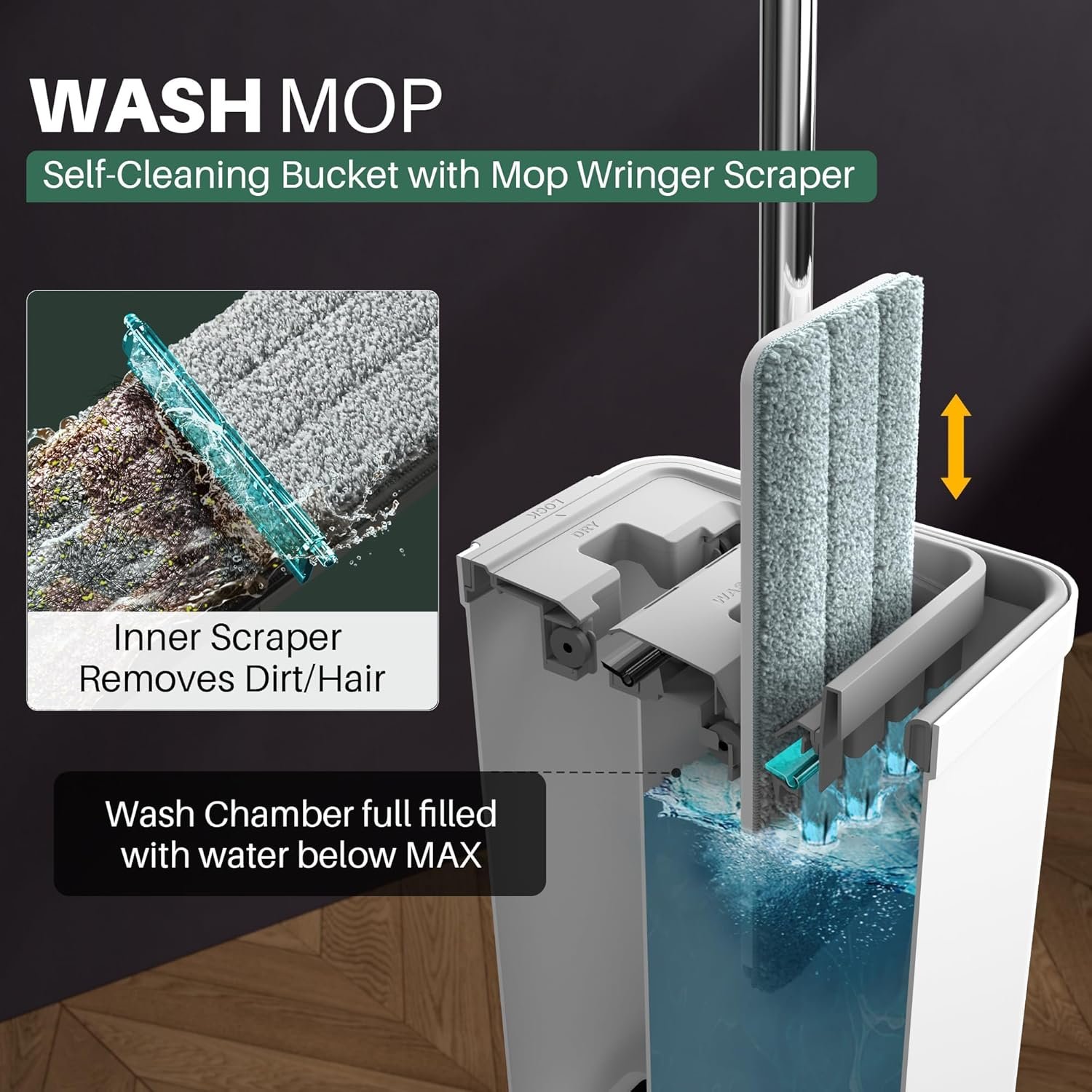 JOYMOOP Flat Mop System, Microfiber Mop and Bucket Set, White, Household & Commercial Floor Cleaning Mop with Long Handle, Wet Dry Use, Includes 8 Mop Pads - Image 2
