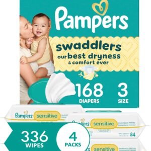 Diapers Size 3, 168 Count and Baby Wipes – Pampers Swaddlers Disposable Baby Diapers and Water Baby Wipes Sensitive Pop-Top Packs, 336 Count (Packaging May Vary)