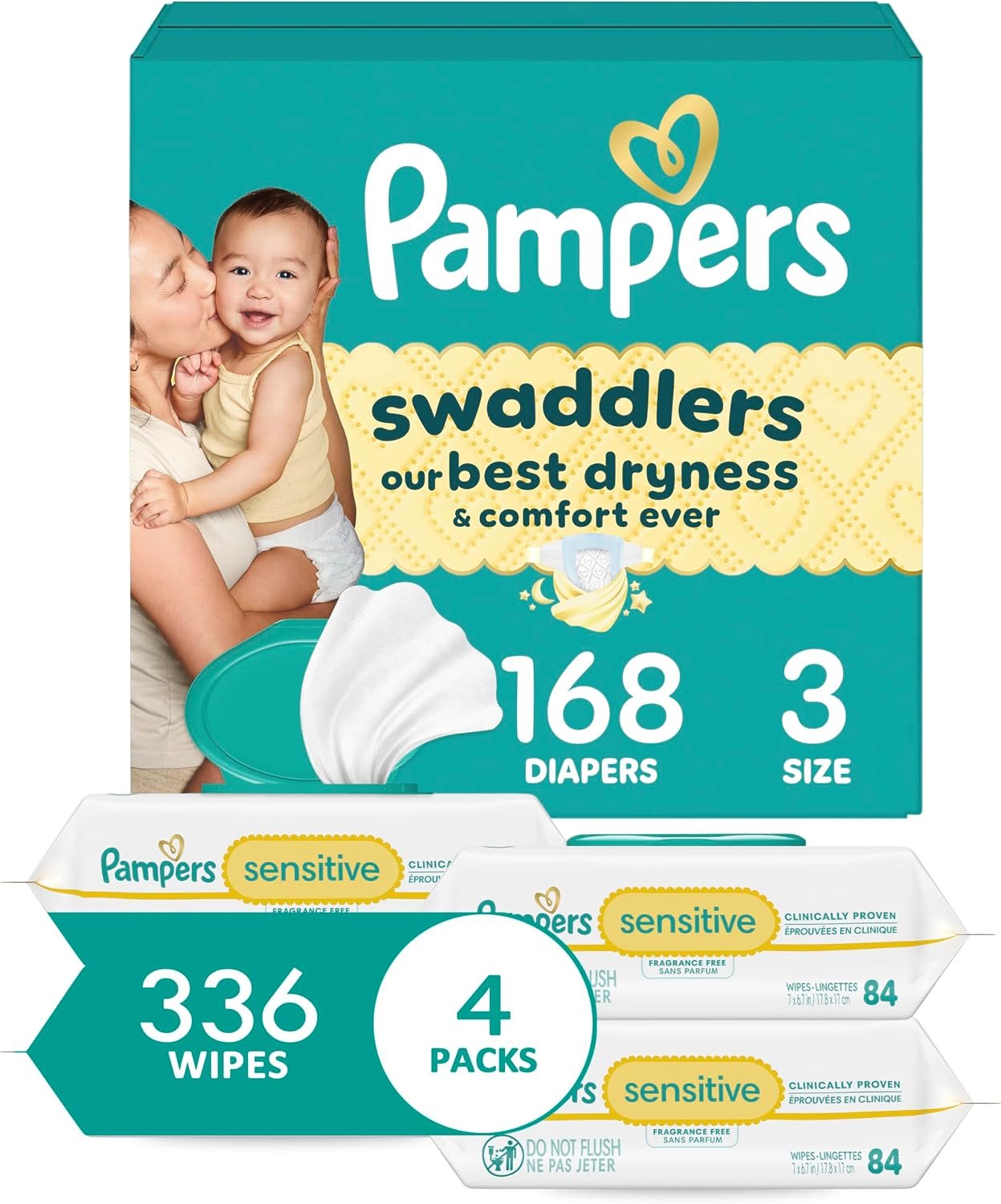 Diapers Size 3, 168 Count and Baby Wipes - Pampers Swaddlers Disposable Baby Diapers and Water Baby Wipes Sensitive Pop-Top Packs, 336 Count (Packaging May Vary)
