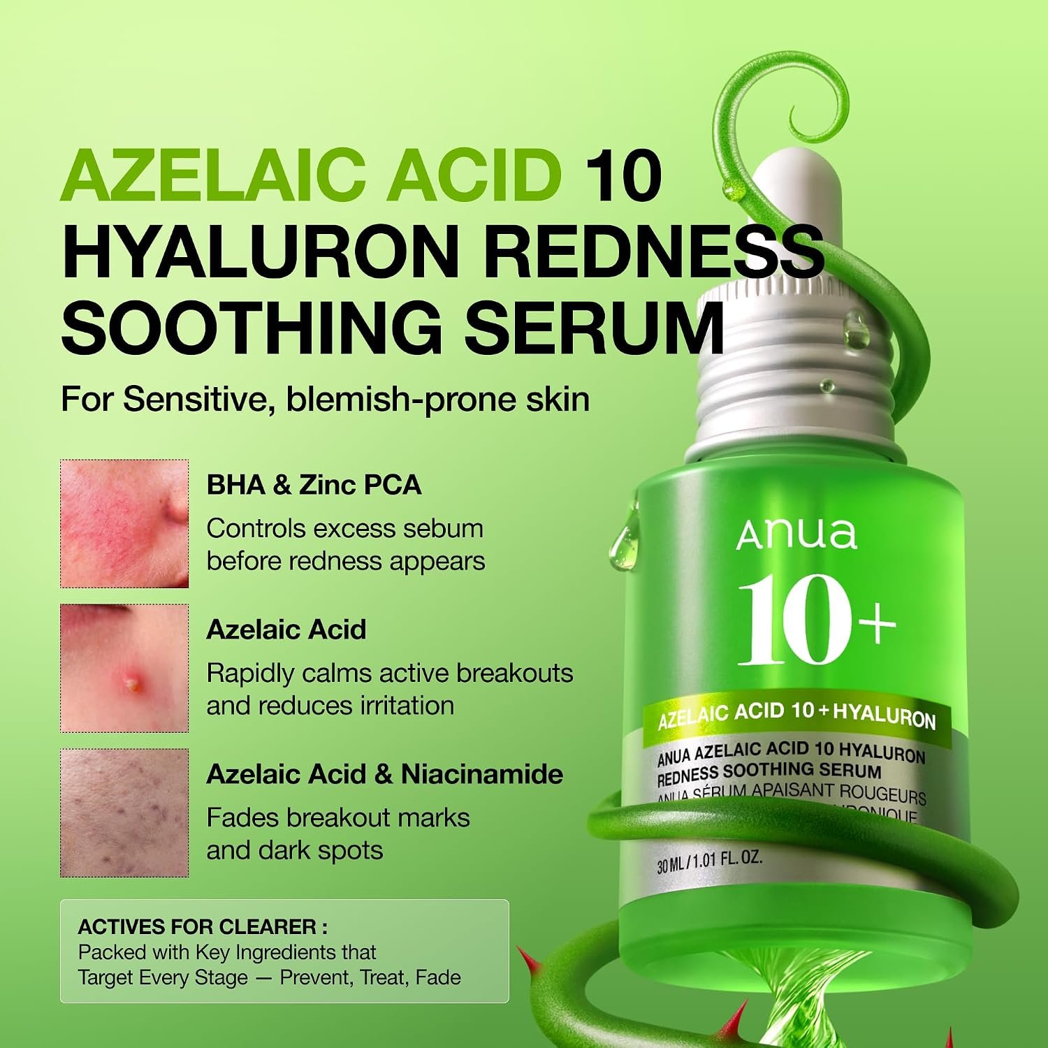 Anua Azelaic Acid 10 Hyaluron Redness Soothing Serum, Facial Serum for Blemish-Prone & Oily-Prone Skin, Lightweight & Hydrating Blemish Care, Hyaluronic Acid, Korean Skincare, 1.01 fl oz. - Image 3