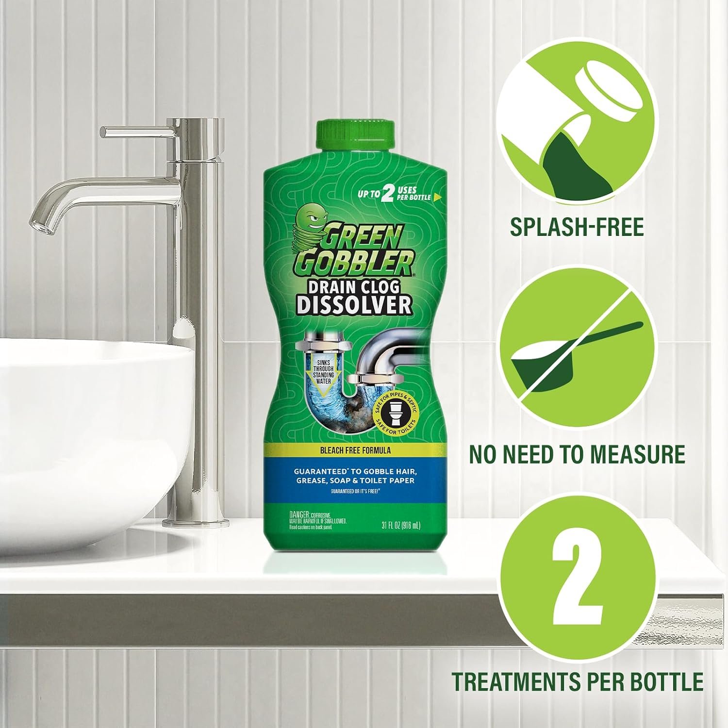 Green Gobbler Liquid Hair Drain Clog Remover & Cleaner, For Toilets, Sinks, Tubs - Septic Safe (6) - Image 6