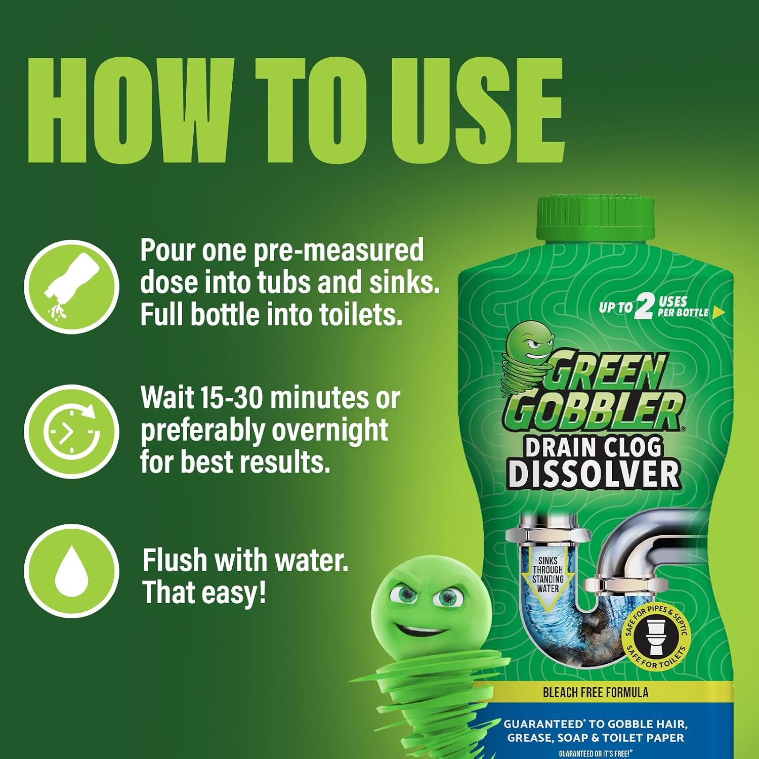 Green Gobbler Liquid Hair Drain Clog Remover & Cleaner, For Toilets, Sinks, Tubs - Septic Safe (6) - Image 7