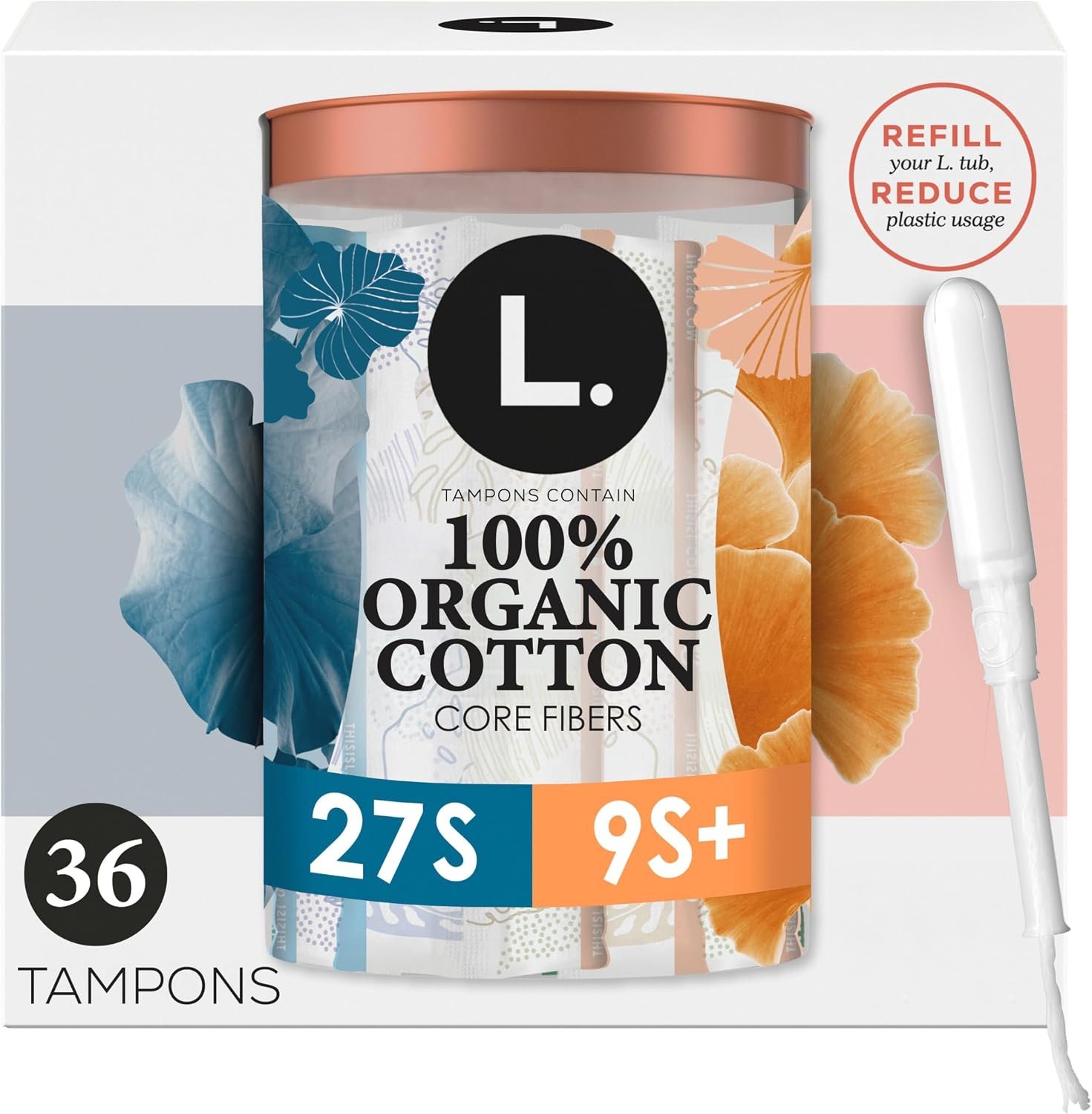 L. Tampons, Made with Organic Cotton, Super/Super Plus Absorbency, Multipack, Made Without Synthetic Pesticides, Rayon or Fragrances, Applicator Made Without BPA, Leak-Stopping Design, 36 Count