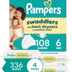 Pampers Swaddlers Disposable Baby Diapers Size 6, One Month Supply (108 Count) with Sensitive Water Based Baby Wipes 4X Pop-Top Packs (336 Count) [Packaging May Vary]