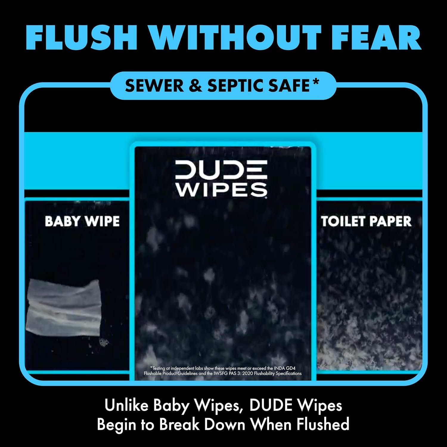 DUDE Wipes On-The-Go Unscented Travel Wipes - 30 Count (Individually Wrapped) - Extra-Large Adult Flushable Wipes for Sensitive Skin - Infused with Vitamin E and Aloe - Septic and Sewer Safe - Image 5