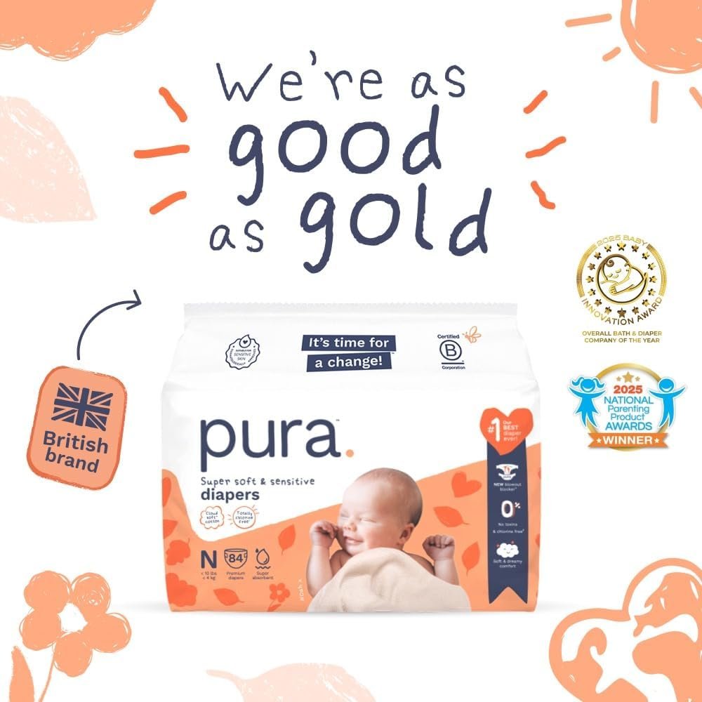 Pura Newborn Baby Diapers Size N (Up to 10 lbs), 3 Pack (84 Hypoallergenic Diapers) Totally Chlorine Free (TCF), Disposable Diapers for Sensitive Skin, Blowout Protection & Wetness Indicator - Image 6