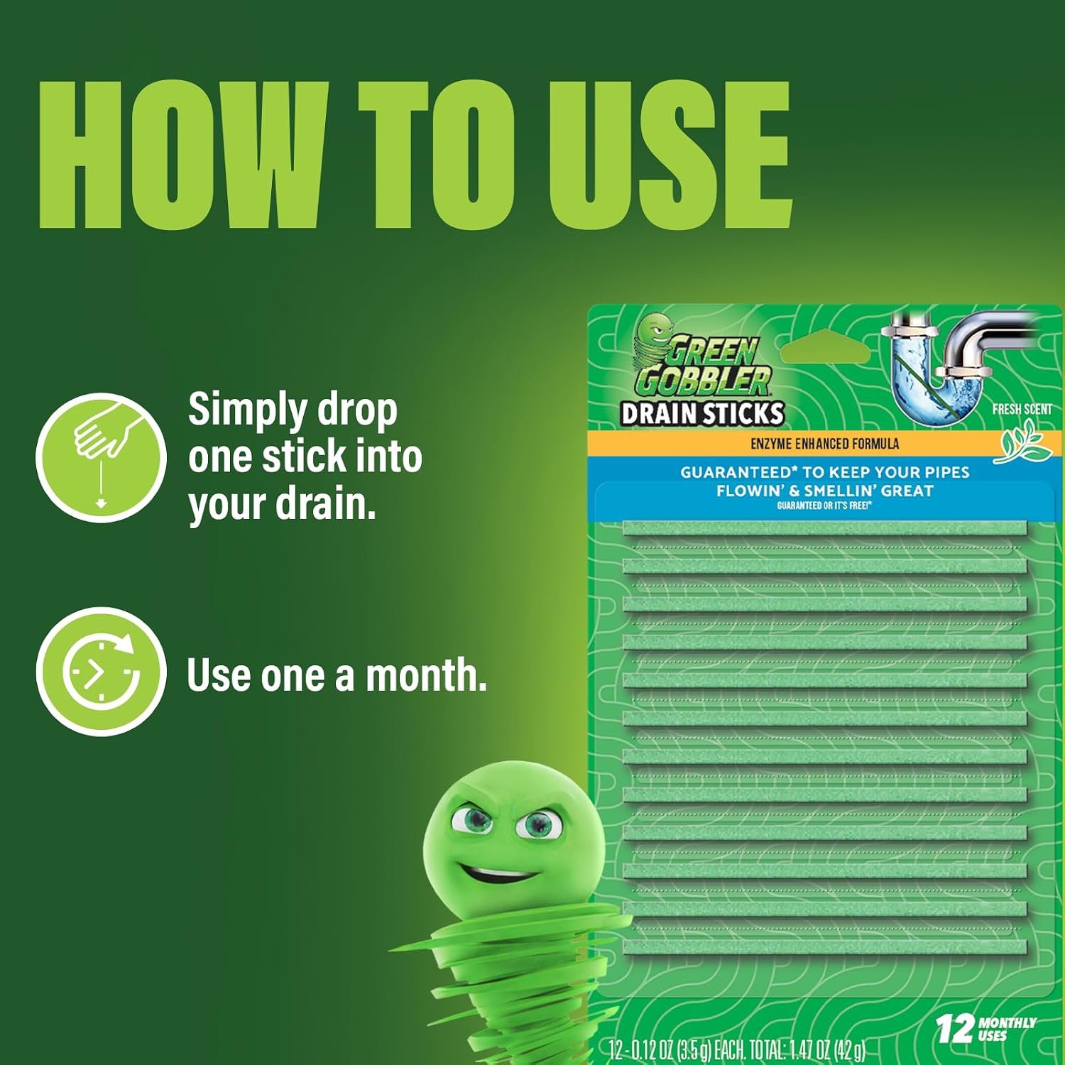 Green Gobbler Drain Cleaner & Deodorizer FRESH SCENT Sticks for Toilet Tanks, Sinks, Bathtub Drains, Washing Machine Drains and Garbage Disposals - 24 Pieces - Image 4