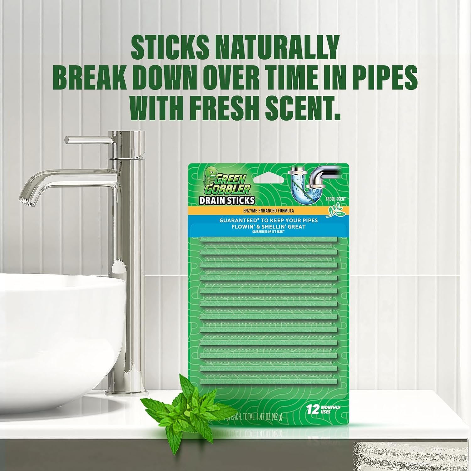 Green Gobbler Drain Cleaner & Deodorizer FRESH SCENT Sticks for Toilet Tanks, Sinks, Bathtub Drains, Washing Machine Drains and Garbage Disposals - 24 Pieces - Image 6