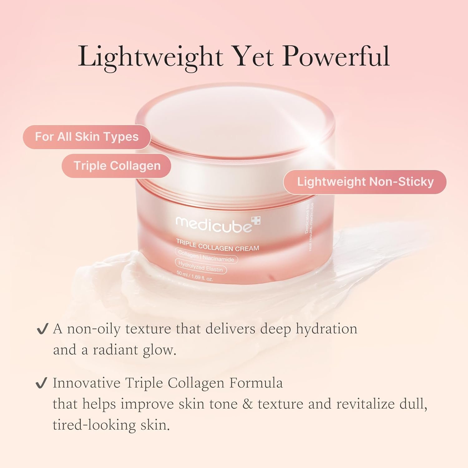 medicube Triple Collagen Cream - Hydrating & Firming Moisturizer with Hyaluronic Acid, Premium Elastin, Shea Butter - Wrinkle Care & Boosts Elasticity - Korean Skincare, 1.69 oz - Image 3