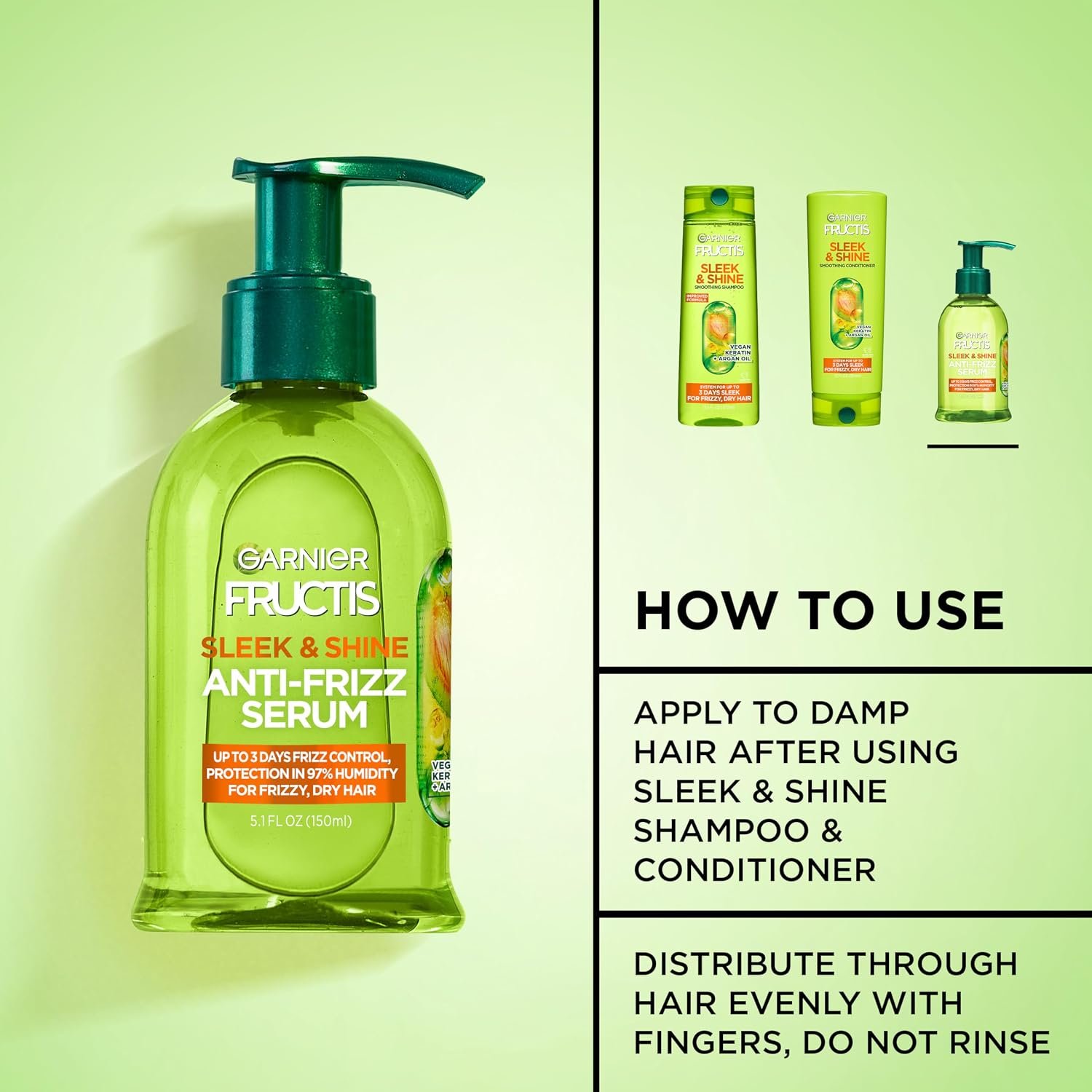 Garnier Fructis Sleek & Shine Anti-Frizz Hair Serum for Frizzy, Dry Hair, Leave-In Argan Oil Infused Formula with Up to 72HRs of Frizz Control, Smooths Flyaways & Boosts Hair Shine, 5.1 Fl Oz (2 Pack) - Image 4