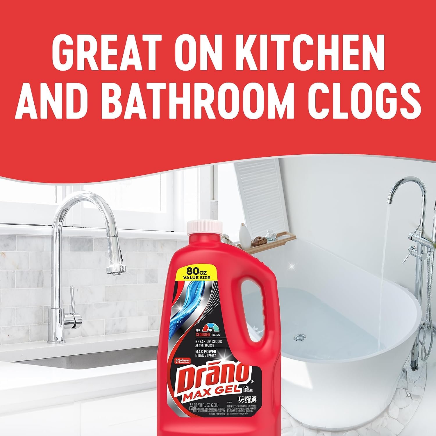 Drano Max Gel Drain Clog Remover & Cleaner, Fast-Acting to Unclog Standing Water & Remove Hair, Grease & Food Blockages, Safe for all Pipes & Septic, Kitchen Sinks, Bathroom Showers & Tubs, 80 Oz - Image 7