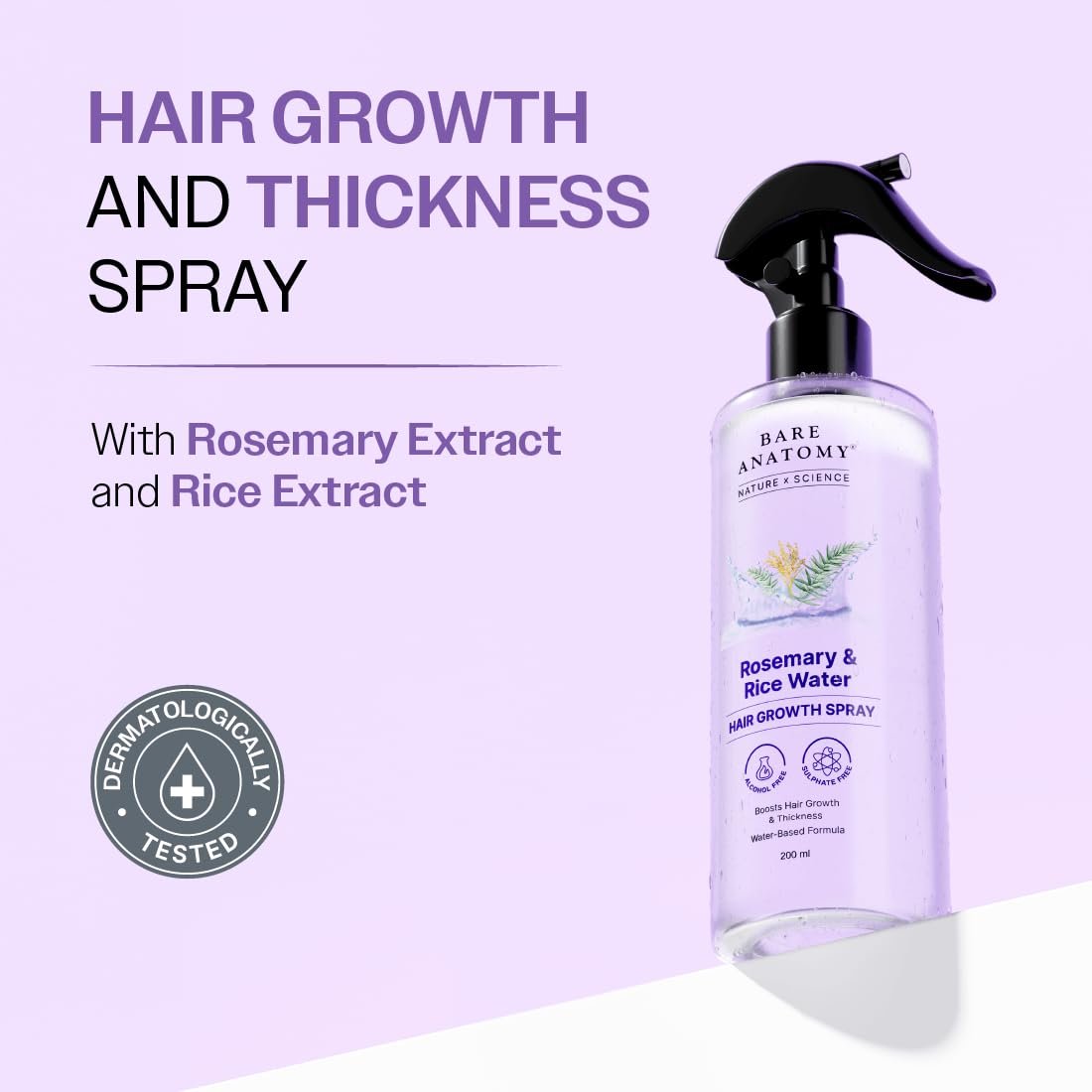 Bare Anatomy Nature x Science Rosemary Water Spray for Hair Growth & Hair Thickness with Rice Water |100% Natural Extract | Soft & Smooth Hair| Controls Hairfall| Non-Greasy & Fast Absorbing | 200ml - Image 2