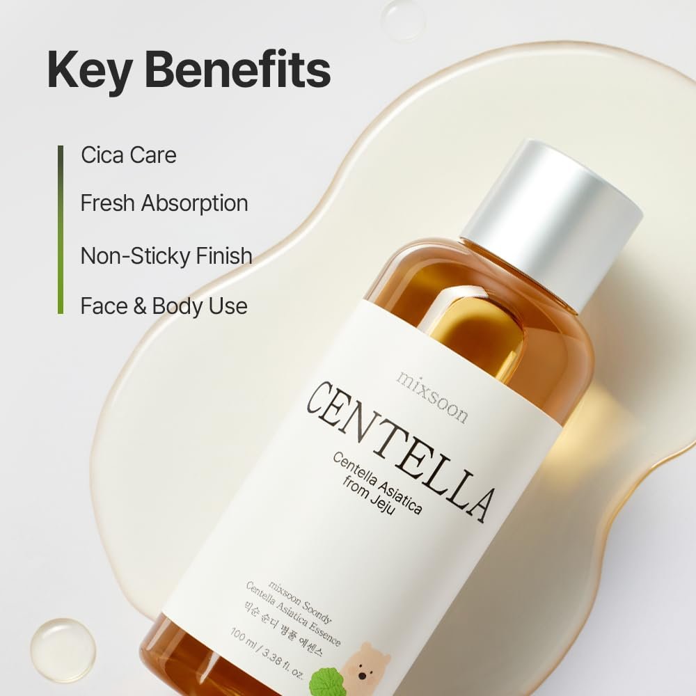 mixsoon Soondy Centella Asiatica Essence-Soothing, Calming and Hydrating for Face, Jeju Island Cica Extracts, Gentle Formula for Balanced, Healthy Skin 100ml / 3.38 fl.oz. Korean Glass Skin Care - Image 4