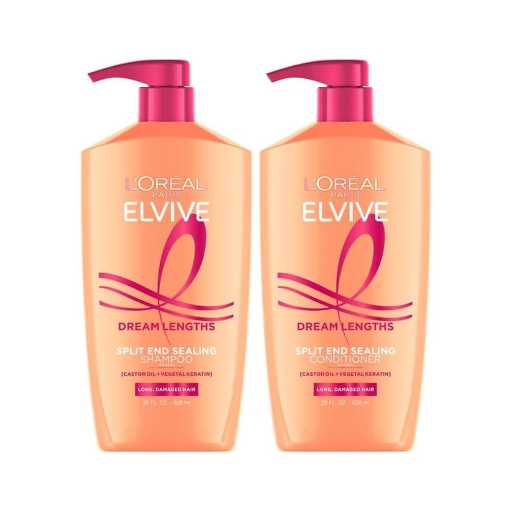 L'Oreal Paris Elvive Dream Lengths Shampoo and Conditioner Set, Seals Split Ends, Hydrating & Strengthening Hair Repair, Fine Castor Oil and Vitamins B3 and B5, 56 Fl Oz Set