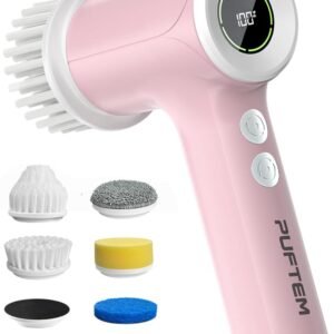 PUFTEM Shower Scrubber, Electric Spin Scrubber for Bathroom Cleaning – Cordless Shower Cleaner Brush with 6 Brush Heads, Dual-Direction Rotation, for Grout, Tile, Tub, Sink & Corners, Pink