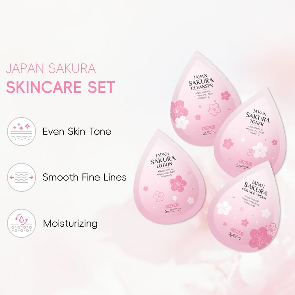 Sakura Travel Skincare Sets, 60pcs Mini Travel Skin Care kit Including Cleanser, Toner, Lotion, Serum, Cream, Sleepping Mask - Image 4
