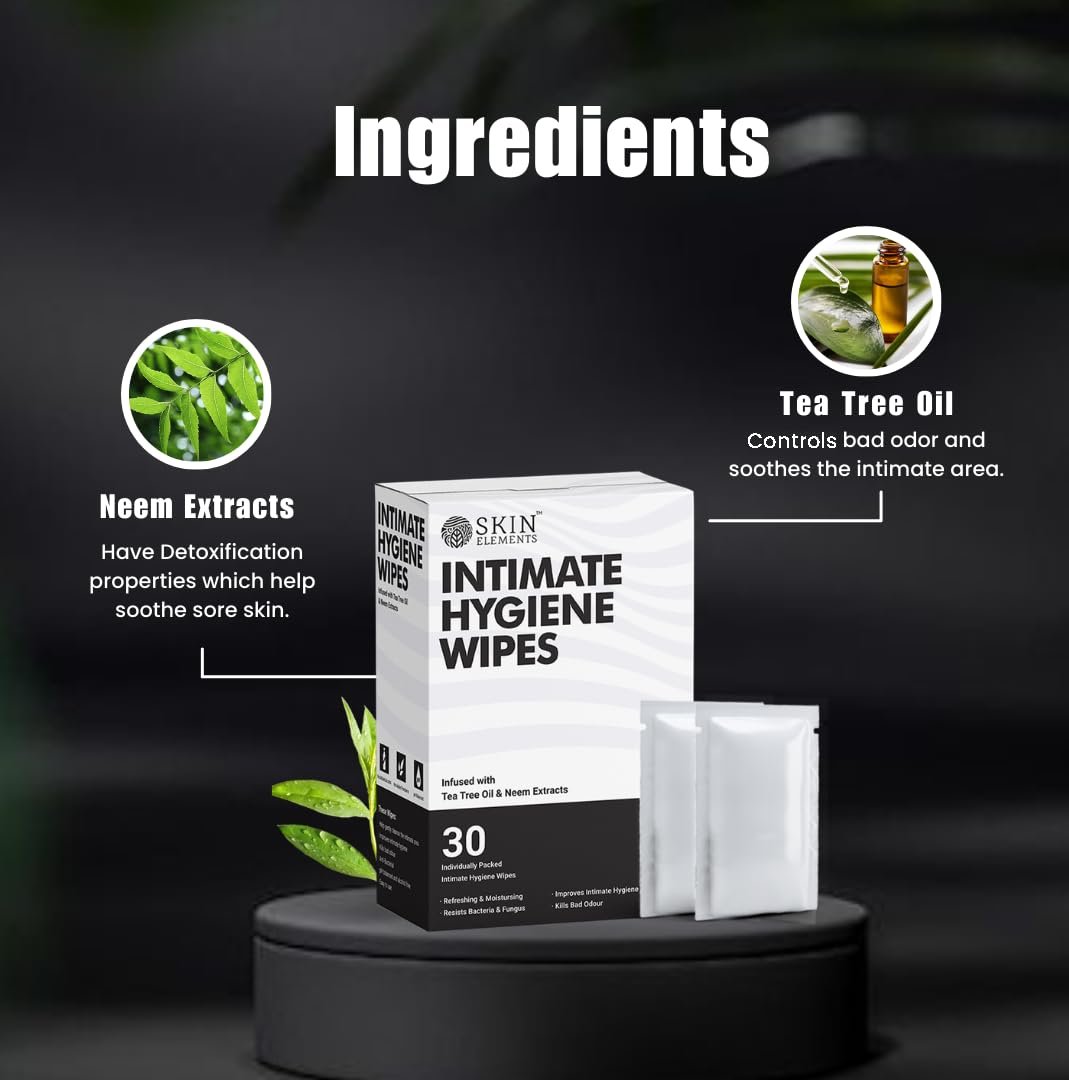 Skin Elements Intimate Hygiene Wipes | Unisex | pH balanced Wipes | Tea Tree Oil & Neem Extracts | 30 Individual Wipes | Pre and Post Intimacy - Image 3