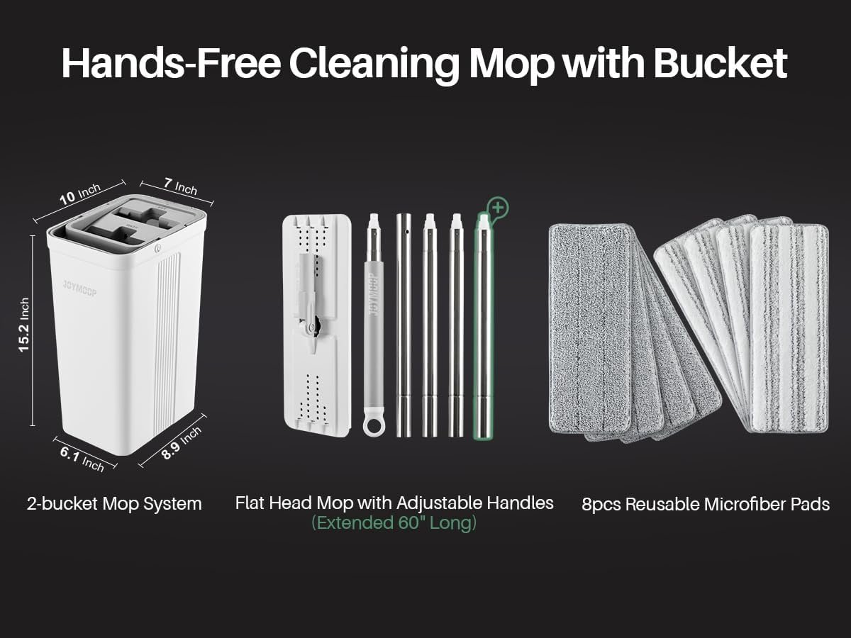 JOYMOOP Flat Mop System, Microfiber Mop and Bucket Set, White, Household & Commercial Floor Cleaning Mop with Long Handle, Wet Dry Use, Includes 8 Mop Pads - Image 4