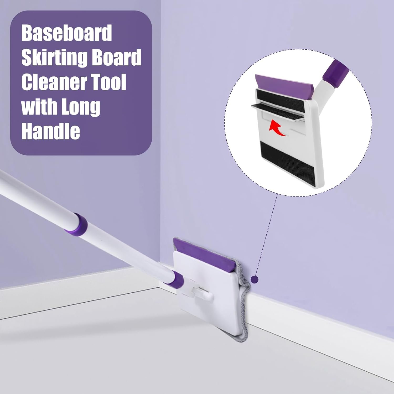 Baseboard Cleaner Tool with Handle, 60" Extendable Long Handle Baseboard Cleaner with 5 Reusable Pads for Baseboards Cleaning, Ceiling, Wall, Floor, Bathroom Kitchen - Image 3