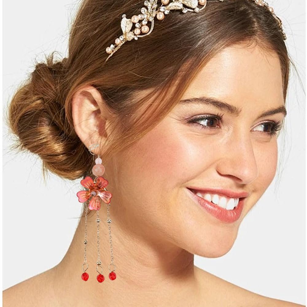 Traditional Chinese Wedding Hair Accessories, Red and Pink Pearl Flower Tassel Hairpins with Gold Chain, Vintage Hanfu Style Hair Clips, 5 Piece Set - Image 7