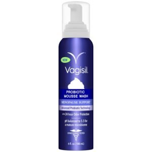 Vagisil Menopause Support Probiotic Mousse Wash, pH Balanced for Mature Microbiome, 24 Hour Freshness, Light Botanical Scent, Gentle Formula For Mature Skin, Sulfate-Free, 6 oz