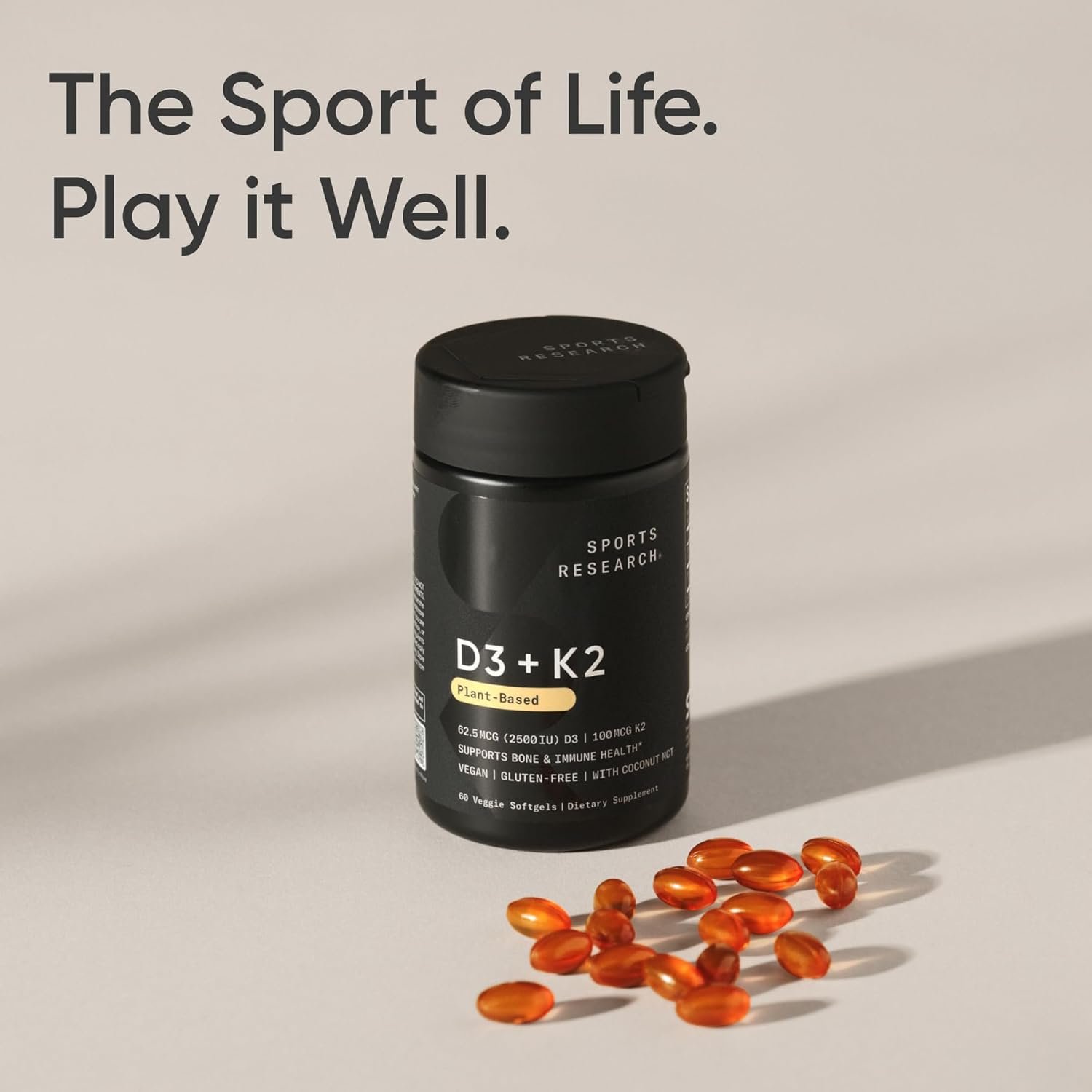 Sports Research® Vitamin D3 + K2 w/Coconut Oil - Vegan Vitamin D 2500iu (62.5mcg) & Mk7 Vitamin K 100mcg for Bone & Immune Support - Vegan Certified · Non-GMO · Soy Free - 60 Softgels - Image 7