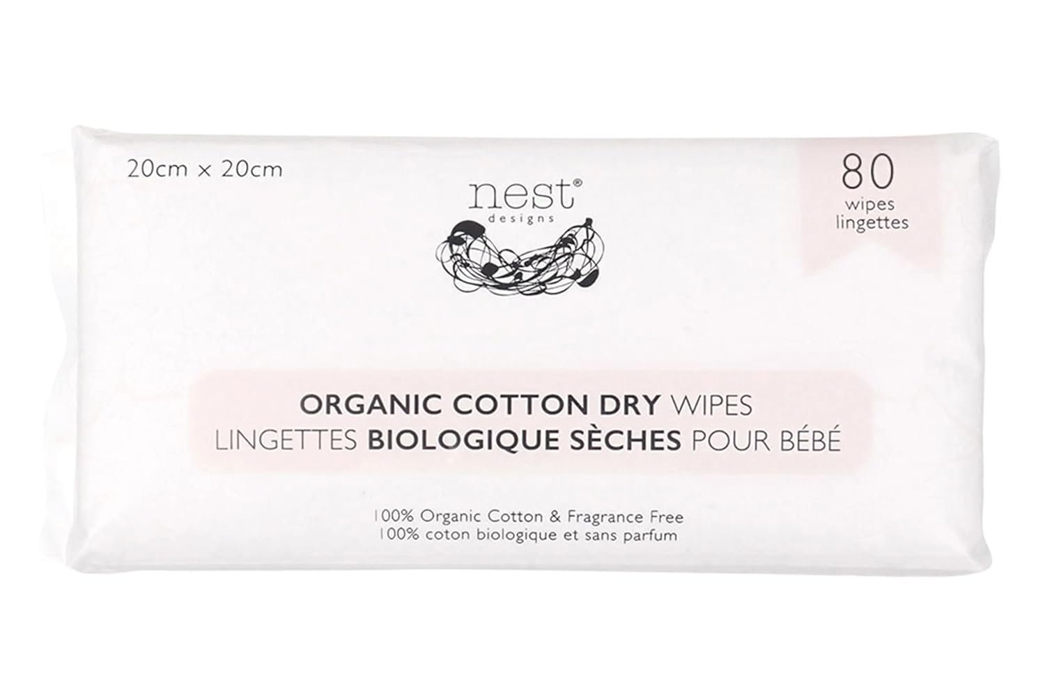 Nest Designs Organic Cotton Dry Baby Wipes for Sensitive Skin, Chemical-Free, 80 Wipes per Pack