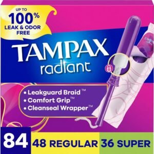 Tampax Radiant Tampons for Women Multipack, with LeakGuard Braid, Regular/Super Absorbency, Unscented, 84 Count (3 Packs of 28), Packaging May Vary
