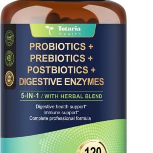 Totaria 5-in-1 Probiotic Prebiotic & Postbiotic for Women Men, 60 Billion CFU 24 Strains w/Digestive Enzymes, Prebiotic Fiber, Slippery Elm, Daily Complete Immune, Gut Health, 120 Day Supply