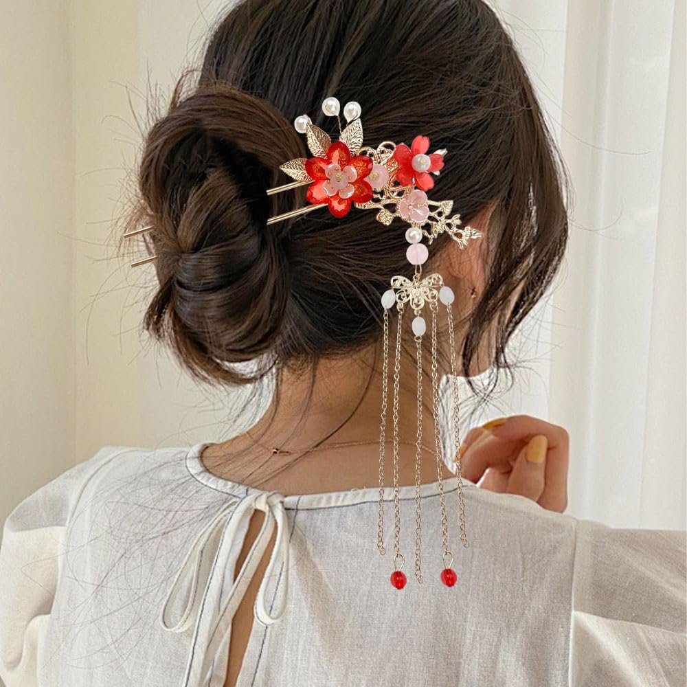 Traditional Chinese Wedding Hair Accessories, Red and Pink Pearl Flower Tassel Hairpins with Gold Chain, Vintage Hanfu Style Hair Clips, 5 Piece Set - Image 6