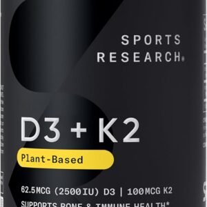 Sports Research® Vitamin D3 + K2 w/Coconut Oil – Vegan Vitamin D 2500iu (62.5mcg) & Mk7 Vitamin K 100mcg for Bone & Immune Support – Vegan Certified · Non-GMO · Soy Free – 60 Softgels