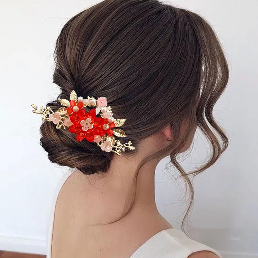 Traditional Chinese Wedding Hair Accessories, Red and Pink Pearl Flower Tassel Hairpins with Gold Chain, Vintage Hanfu Style Hair Clips, 5 Piece Set - Image 4