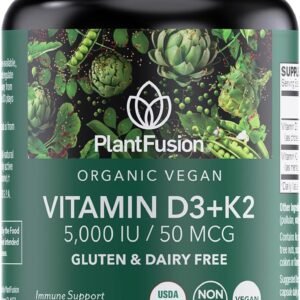 PlantFusion Organic Vegan Vitamin D3 + K2 5,000 IU, 50MCG – Vitamin D Sourced from Plant Based Lichen and Vitamin K2, for Immune Support and Bone Health – 60 Capsules
