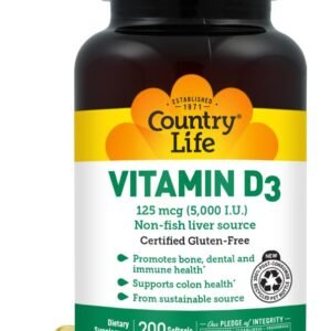 Country Life Vitamin D3 5000 IU for Immune and Bone Health, Calcium Absorption, and Colon Health – Sustainable Source from Lanolin, Available in Various Strengths