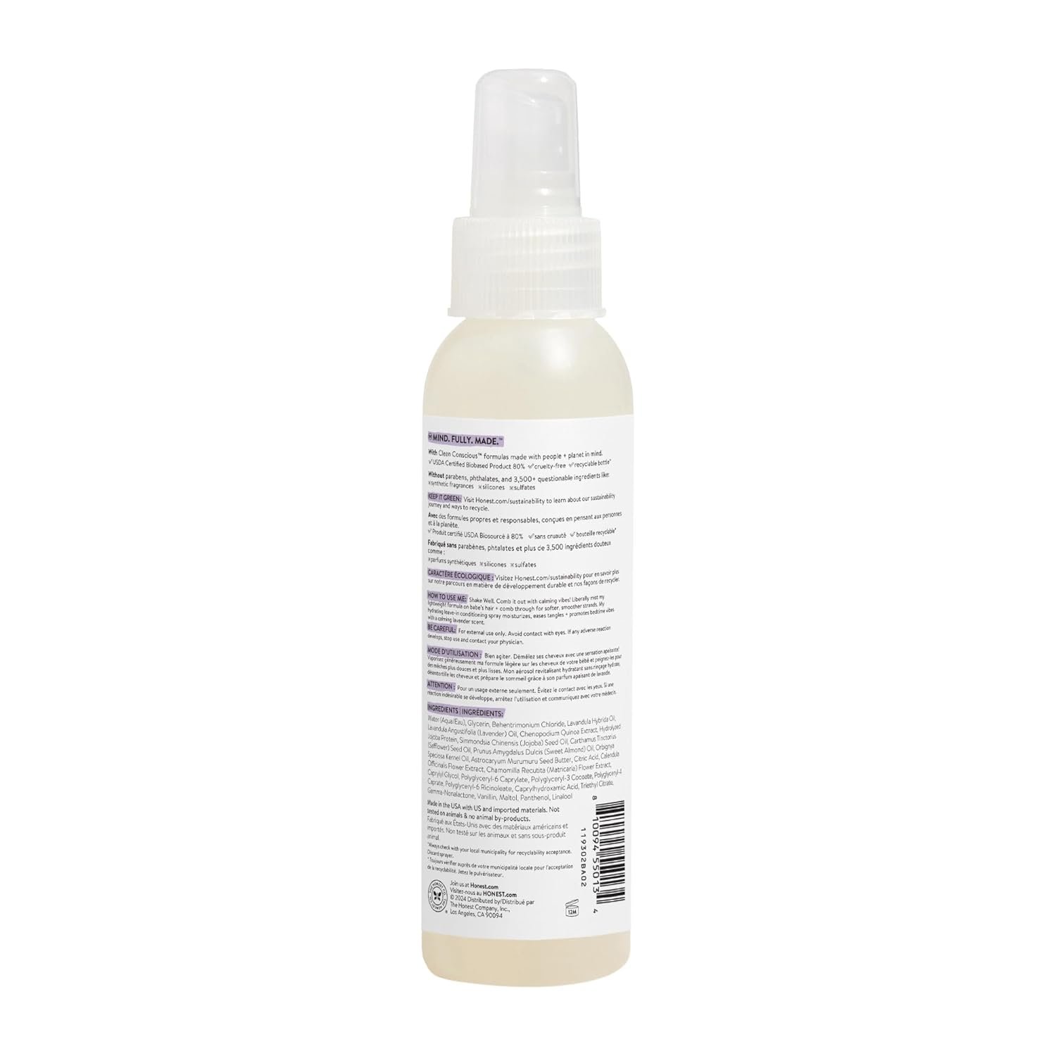 The Honest Company Conditioning Hair Detangler, Leave-In Conditioner and Fortifying Spray, Tear Free, Cruelty-Free, Hypoallergenic, Lavender Calm, 4 Fl Oz - Image 8