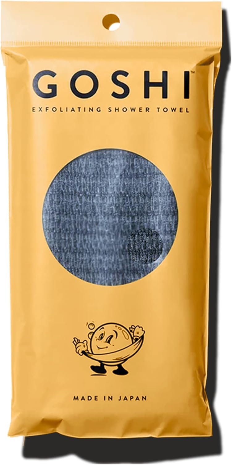 GOSHI Exfoliating Shower Towel - Long Body Scrubber for Back Acne, KP & Smooth Skin - Durable Rip-Resistant Weave, Quick-Dry Nylon Washcloth - Ethically Crafted in Gunma, Japan - Grey