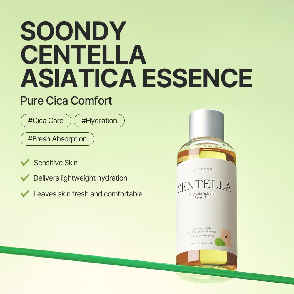mixsoon Soondy Centella Asiatica Essence-Soothing, Calming and Hydrating for Face, Jeju Island Cica Extracts, Gentle Formula for Balanced, Healthy Skin 100ml / 3.38 fl.oz. Korean Glass Skin Care - Image 2