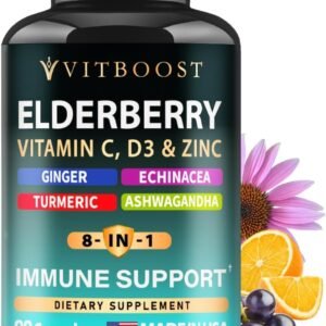 Elderberry Immune Support Supplement 8-in-1 Formula with Echinacea, Vitamin C & Zinc, Vitamin D 5000 IU, Turmeric, Ginger, Ashwagandha – 60 Capsules