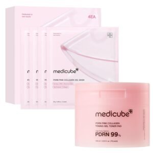 medicube Pink PDRN Day & Night Gel Duo: Salmon DNA PDRN pink collagen jelly gel mask (4ea) and Collagen Jelly Pad