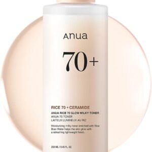 Anua Rice 70 Glow Milky Toner, Glass & Dewy Skin, Hydrating & Barrier Care, Rice Water, Niacinamide, Ceramides, All Skin Types, Fragrance-Free, Non Comedogenic, Korean Skincare, 8.45 fl.oz.