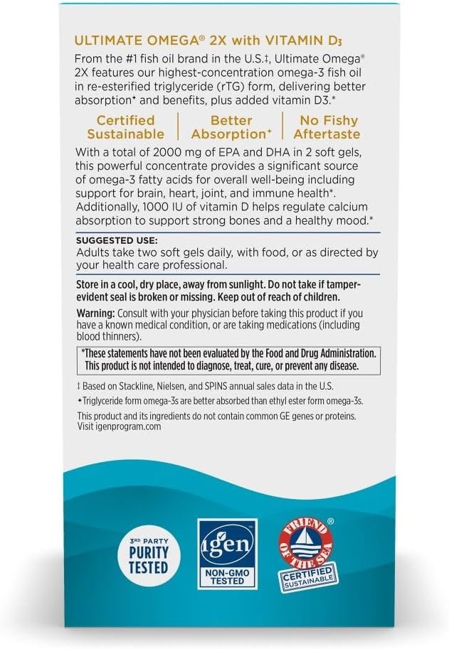 Nordic Naturals Ultimate Omega 2X with Vitamin D3, Lemon Flavor - 60 Soft Gels - 2150 mg Omega-3 + 1000 IU D3 - EPA & DHA - Brain, Heart, & Immune Health - 30 Servings - Image 6
