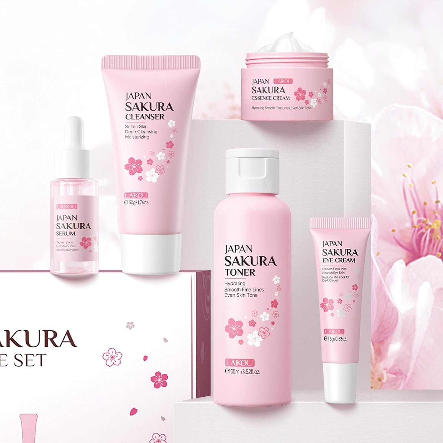 LAIKOU Skin Care Set JAPAN SAKURA Women Beauty Gift Sets Skin Care Kit with Cleanser, Toner, Serum, Eye Cream, Face Cream Travel Kit for Women Teen Girls Mom Daughter Birthday TSA-friendly Sizes 5pcs - Image 6