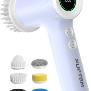 PUFTEM Shower Scrubber, Electric Spin Scrubber for Bathroom Cleaning – Cordless Shower Cleaner Brush with 6 Brush Heads, Dual-Direction Rotation, for Grout, Tile, Tub, Sink & Corners, Purple