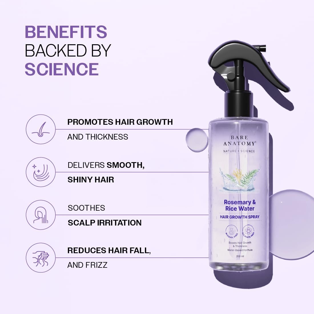 Bare Anatomy Nature x Science Rosemary Water Spray for Hair Growth & Hair Thickness with Rice Water |100% Natural Extract | Soft & Smooth Hair| Controls Hairfall| Non-Greasy & Fast Absorbing | 200ml - Image 3
