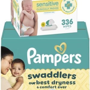 Pampers Swaddlers Disposable Baby Diapers Size 1, One Month Supply (198 Count) with Sensitive Water Based Baby Wipes 4X Pop-Top Packs (336 Count) [Packaging May Vary]